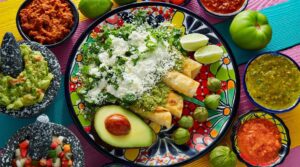 Tacos dorados con diversas salsas un clásico de la comida mexicana